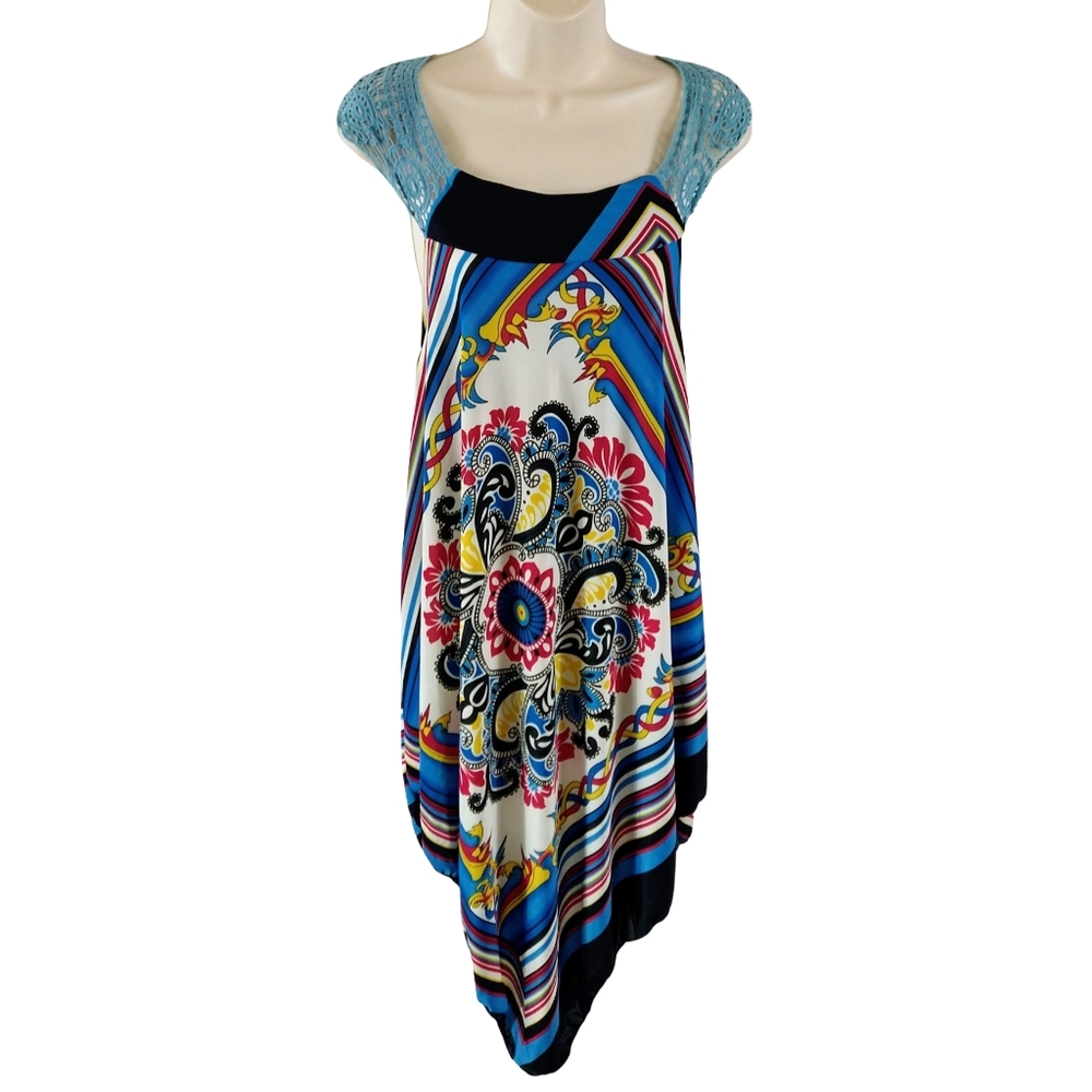 Second Skin Handkerchief Hem Dress in Multicolor With Blue and Black